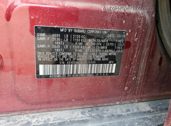 4S4BSAKC6J3326090 2018 SUBARU OUTBACK Бордовый Вид наклейки с VIN-кодом