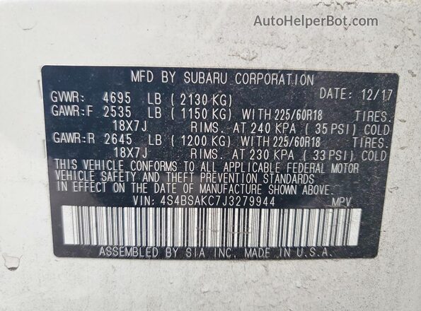 4S4BSAKC7J3279944 2018 SUBARU OUTBACK White VIN sticker view