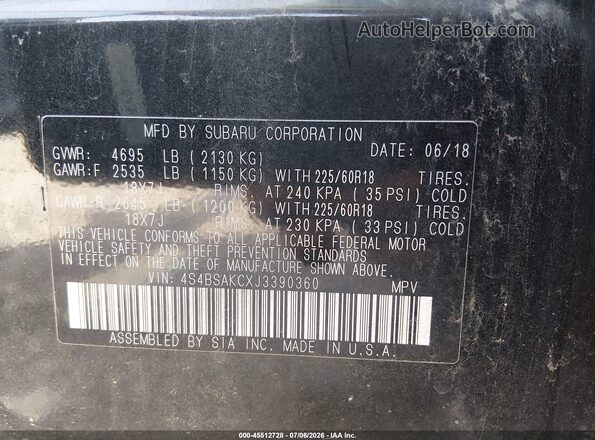 4S4BSAKCXJ3390360 2018 SUBARU OUTBACK Black Вид підкапотного простору