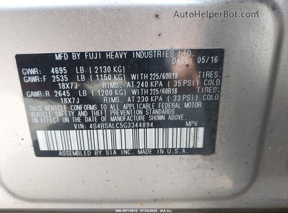 4S4BSALC5G3344894 2016 SUBARU OUTBACK Silver Vista del compartimento del motor