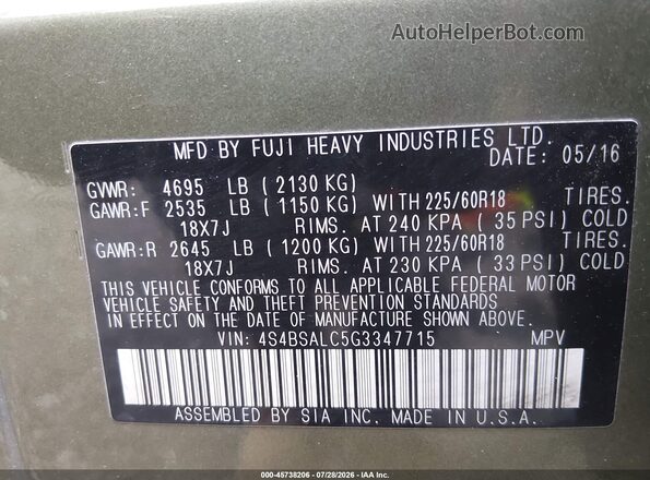 4S4BSALC5G3347715 2016 SUBARU OUTBACK Beige ძრავის განყოფილების ხედი