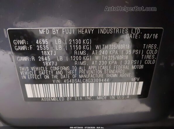 4S4BSALC8G3309444 2016 SUBARU OUTBACK Blue Widok komory silnika