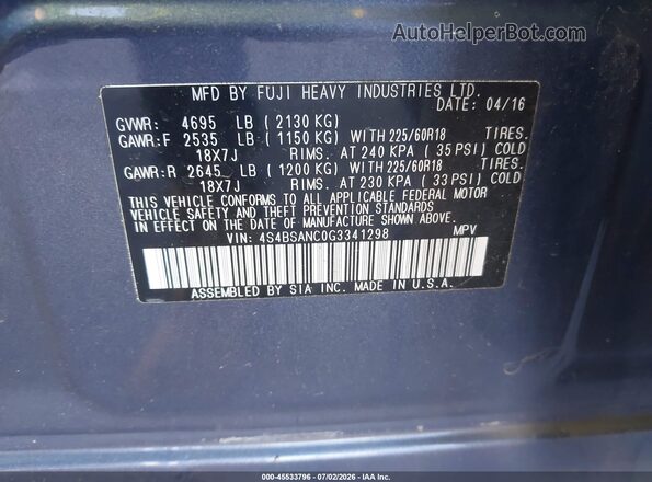4S4BSANC0G3341298 2016 SUBARU OUTBACK Blue ძრავის განყოფილების ხედი