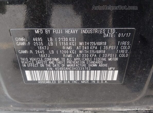 4S4BSANC0H3339763 2017 SUBARU OUTBACK Black Widok komory silnika