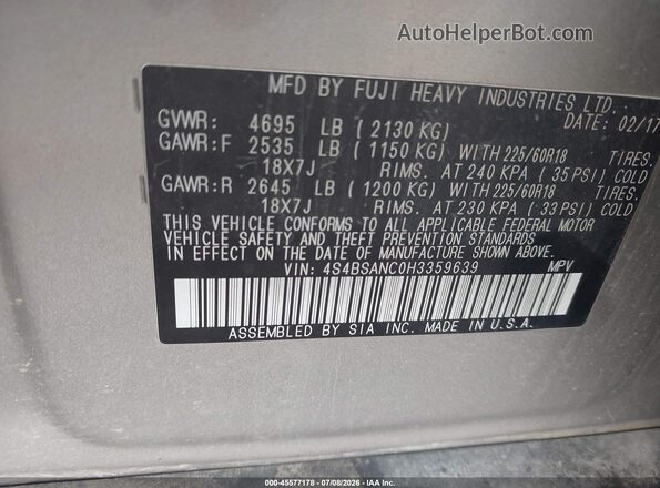 4S4BSANC0H3359639 2017 SUBARU OUTBACK Серый Вид подкапотного пространства