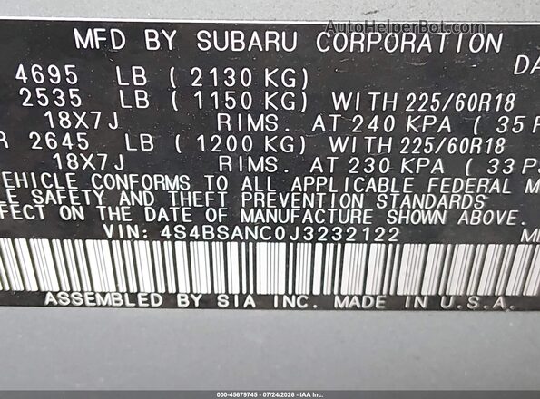 4S4BSANC0J3232122 2018 SUBARU OUTBACK Silver Widok komory silnika