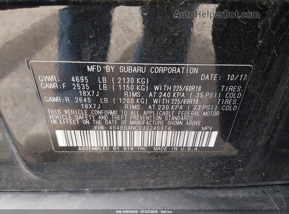 4S4BSANC0J3246974 2018 SUBARU OUTBACK Black ძრავის განყოფილების ხედი