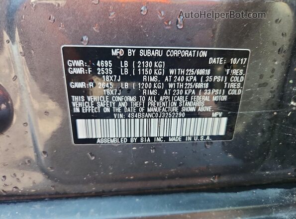 4S4BSANC0J3252290 2018 SUBARU OUTBACK Gray Вид наклейки з VIN-кодом