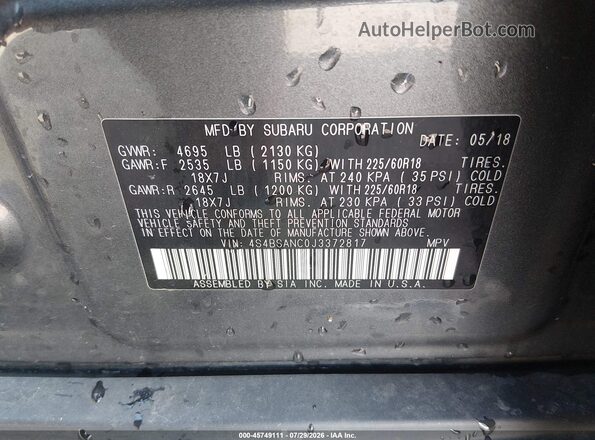 4S4BSANC0J3372817 2018 SUBARU OUTBACK Gray Engine compartment view