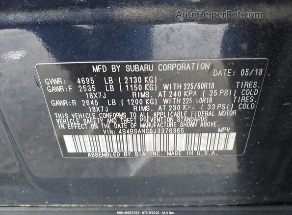 4S4BSANC0J3376365 2018 SUBARU OUTBACK Blue Вид підкапотного простору