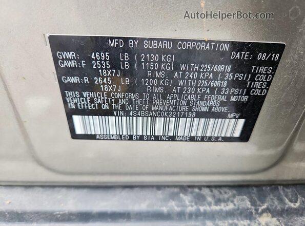 4S4BSANC0K3217198 2019 SUBARU OUTBACK Бежевый Вид наклейки с VIN-кодом