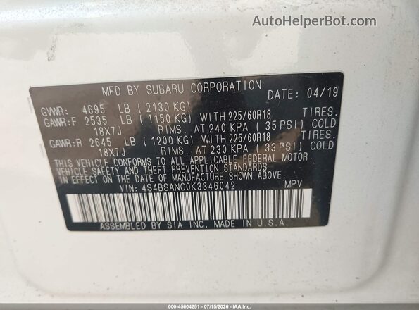 4S4BSANC0K3346042 2019 SUBARU OUTBACK White Widok komory silnika