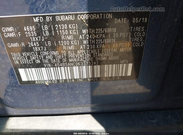 4S4BSANC0K3373242 2019 SUBARU OUTBACK Blue ძრავის განყოფილების ხედი