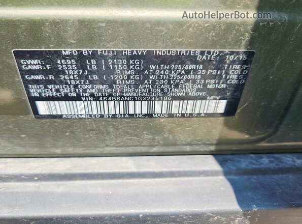 4S4BSANC1G3236186 2016 SUBARU OUTBACK Green Vista de la etiqueta del VIN