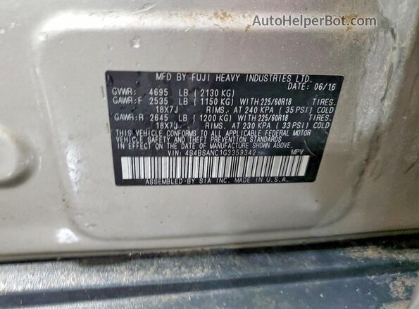 4S4BSANC1G3359342 2016 SUBARU OUTBACK Brown Widok naklejki z numerem VIN