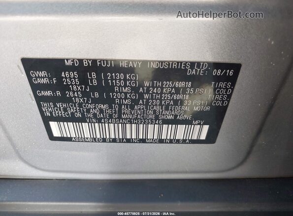 4S4BSANC1H3235346 2017 SUBARU OUTBACK Серебряный Вид подкапотного пространства