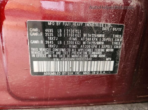 4S4BSANC1H3331848 2017 SUBARU OUTBACK Бордовый Вид наклейки с VIN-кодом