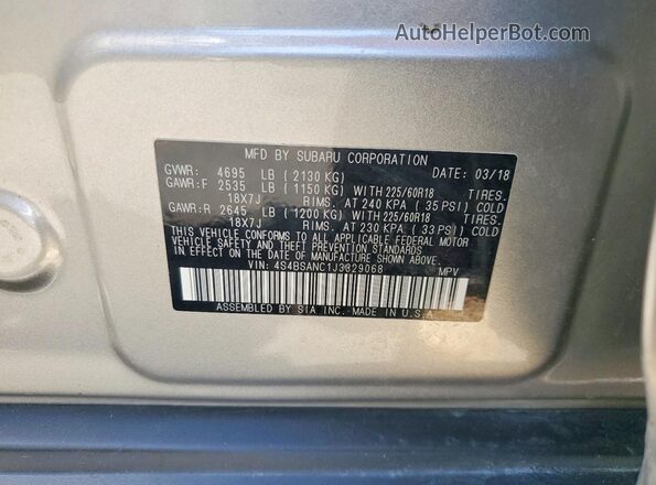 4S4BSANC1J3329068 2018 SUBARU OUTBACK Tan VIN კოდის სტიკერის ხედი