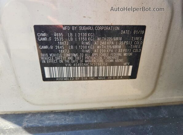 4S4BSANC1K3298258 2019 SUBARU OUTBACK White VIN კოდის სტიკერის ხედი