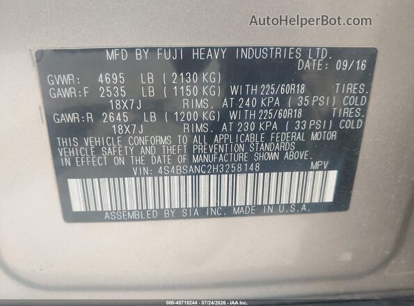 4S4BSANC2H3258148 2017 SUBARU OUTBACK Gold ძრავის განყოფილების ხედი