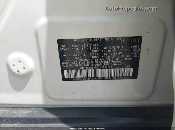 4S4BSANC2H3268551 2017 SUBARU OUTBACK White Շարժիչի բաժամունքի տեսք