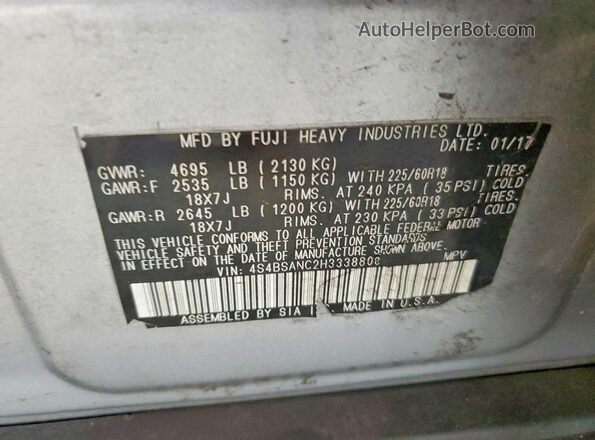 4S4BSANC2H3338808 2017 SUBARU OUTBACK Silver Widok naklejki z numerem VIN
