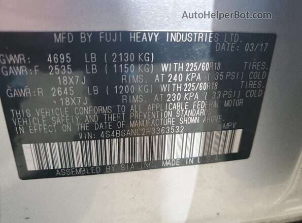 4S4BSANC2H3363532 2017 SUBARU OUTBACK Silver Vista de la etiqueta del VIN