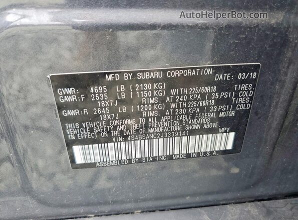 4S4BSANC2J3339141 2018 SUBARU OUTBACK Серый Вид наклейки с VIN-кодом