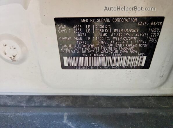 4S4BSANC2J3354092 2018 SUBARU OUTBACK White VIN sticker view