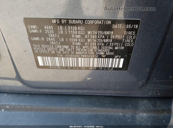 4S4BSANC2J3369918 2018 SUBARU OUTBACK Blue Widok komory silnika