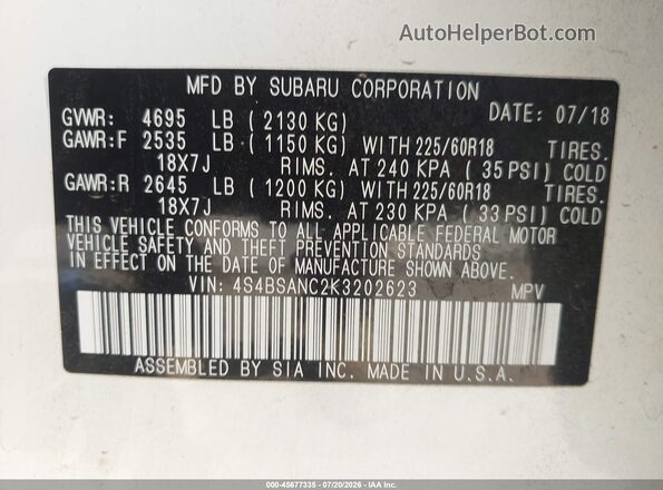 4S4BSANC2K3202623 2019 SUBARU OUTBACK White Вид підкапотного простору