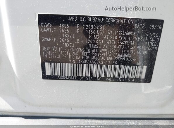 4S4BSANC2K3211256 2019 SUBARU OUTBACK White Engine compartment view