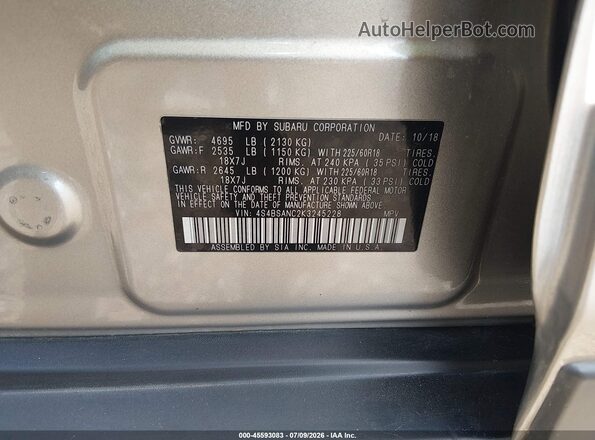 4S4BSANC2K3245228 2019 SUBARU OUTBACK Gray Շարժիչի բաժամունքի տեսք