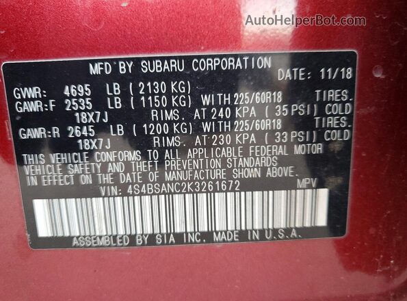 4S4BSANC2K3261672 2019 SUBARU OUTBACK Maroon Widok komory silnika