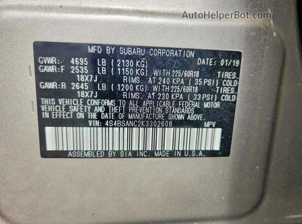 4S4BSANC2K3302608 2019 SUBARU OUTBACK Beige Widok naklejki z numerem VIN