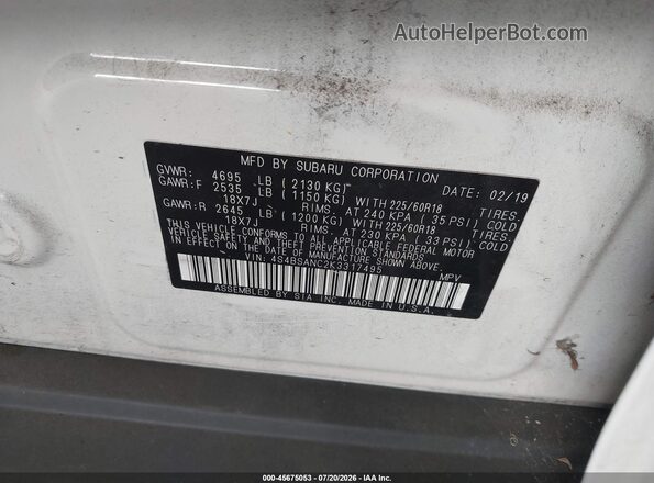 4S4BSANC2K3317495 2019 SUBARU OUTBACK White Widok komory silnika