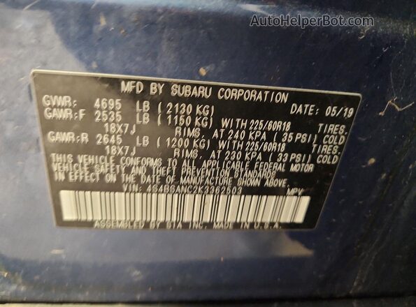 4S4BSANC2K3362503 2019 SUBARU OUTBACK Синий Вид наклейки с VIN-кодом