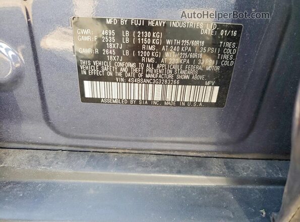 4S4BSANC3G3283266 2016 SUBARU OUTBACK Blue Вид підкапотного простору