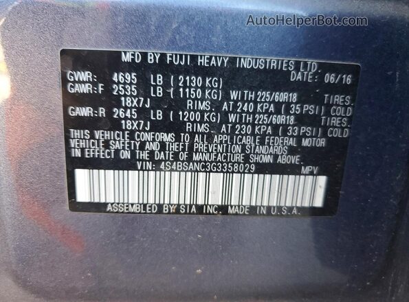 4S4BSANC3G3358029 2016 SUBARU OUTBACK Blue Vista de la etiqueta del VIN