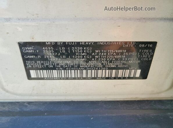 4S4BSANC3H3241360 2017 SUBARU OUTBACK White VIN կոդի պիտակի տեսք