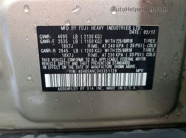 4S4BSANC3H3351129 2017 SUBARU OUTBACK Tan Widok komory silnika