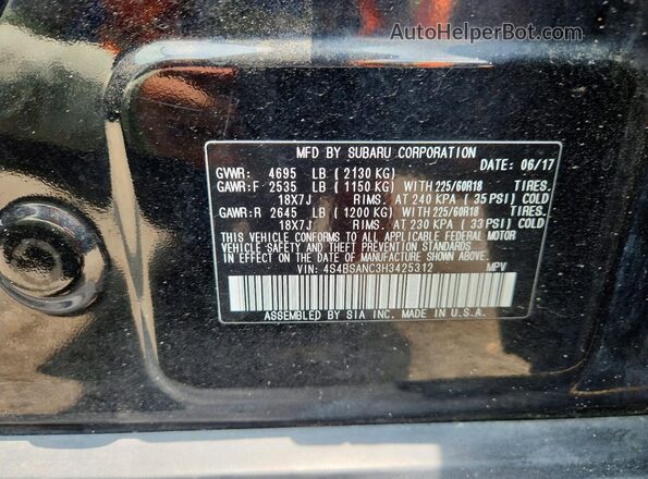 4S4BSANC3H3425312 2017 SUBARU OUTBACK Черный Панорамный вид салона 360°