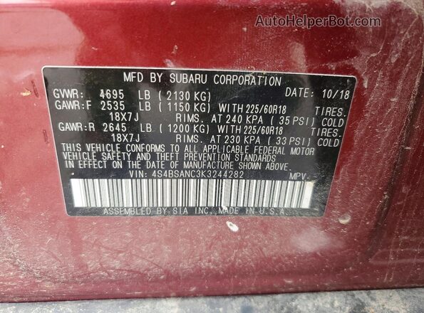 4S4BSANC3K3244282 2019 SUBARU OUTBACK Красный Панорамный вид салона 360°