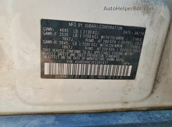4S4BSANC3K3381917 2019 SUBARU OUTBACK Белый Панорамный вид салона 360°