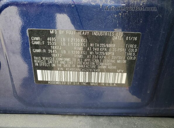 4S4BSANC4G3287648 2016 SUBARU OUTBACK Blue VIN sticker view