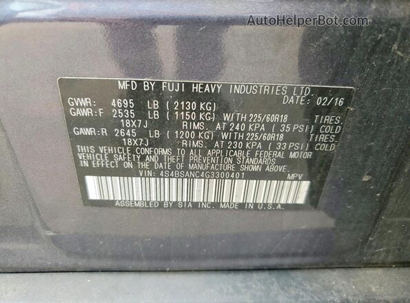 4S4BSANC4G3300401 2016 SUBARU OUTBACK Gray Շարժիչի բաժամունքի տեսք