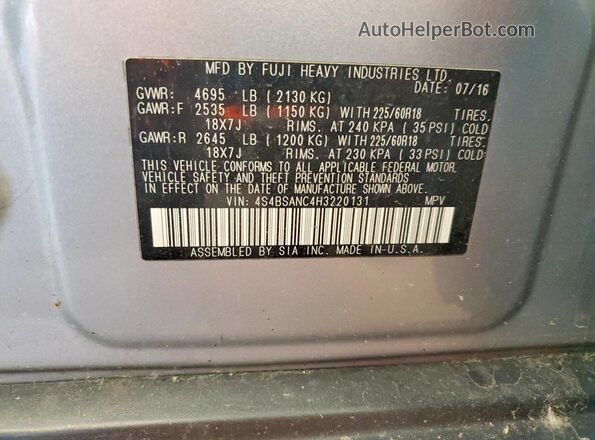 4S4BSANC4H3220131 2017 SUBARU OUTBACK Silver Панорамний вид салону 360°