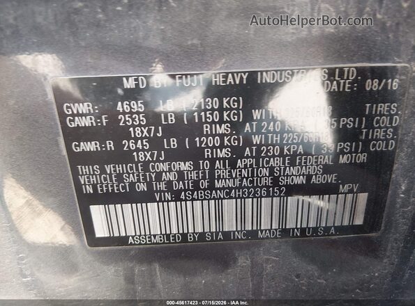 4S4BSANC4H3236152 2017 SUBARU OUTBACK Gray Widok komory silnika