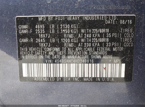 4S4BSANC4H3240816 2017 SUBARU OUTBACK Dark Blue Вид підкапотного простору
