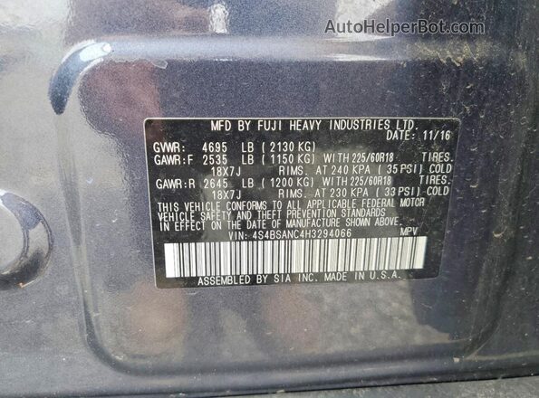 4S4BSANC4H3294066 2017 SUBARU OUTBACK Blue Vista de la etiqueta del VIN